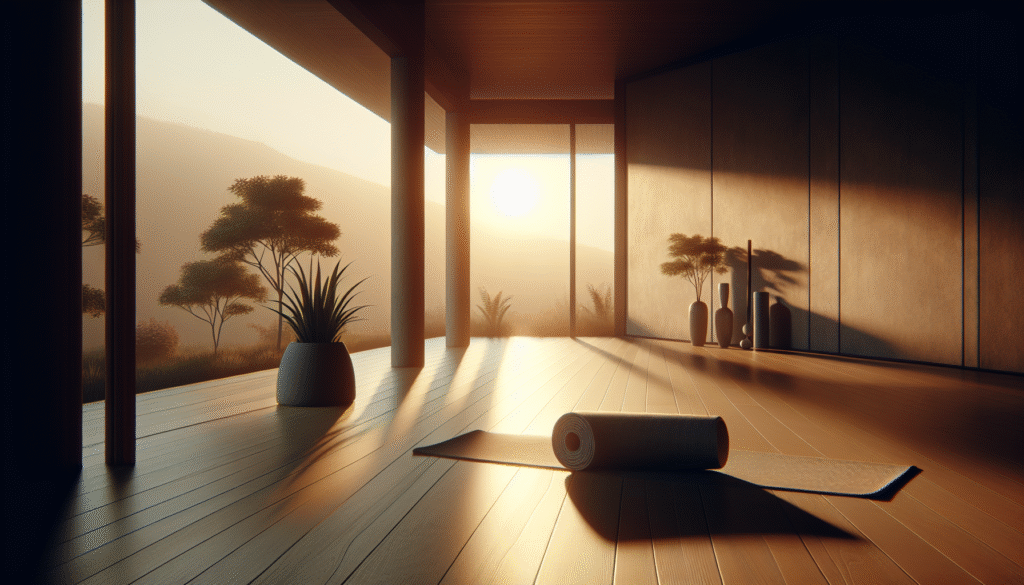 Illustrazione di uno spazio yoga minimalista al mattino che evoca i benefici yoga quotidiano, armonia e calma nella routine