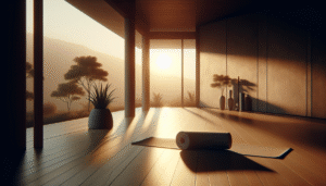 Illustrazione di uno spazio yoga minimalista al mattino che evoca i benefici yoga quotidiano, armonia e calma nella routine