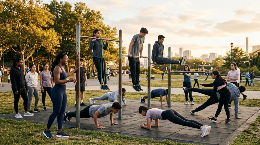 Gruppo di adolescenti che praticano calisthenics per teenager all'aperto, esercizi a corpo libero guidati da un istruttore esperto e inclusivo