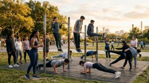 Gruppo di adolescenti che praticano calisthenics per teenager all'aperto, esercizi a corpo libero guidati da un istruttore esperto e inclusivo