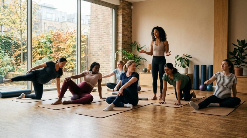 Gruppo di future mamme in una lezione di Pilates in Gravidanza Monza e Brianza, ambiente accogliente e professionale per il benessere.
