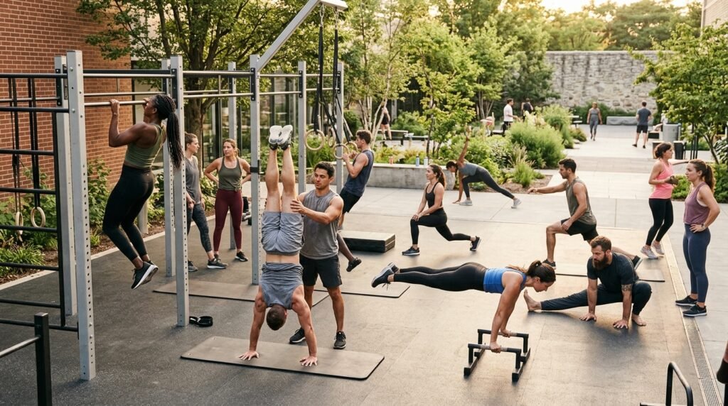 Gruppo eterogeneo che pratica Calisthenics e Ginnastica Artistica in un allenamento all'aperto, controllo e mobilità del corpo