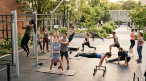 Gruppo eterogeneo che pratica Calisthenics e Ginnastica Artistica in un allenamento all'aperto, controllo e mobilità del corpo