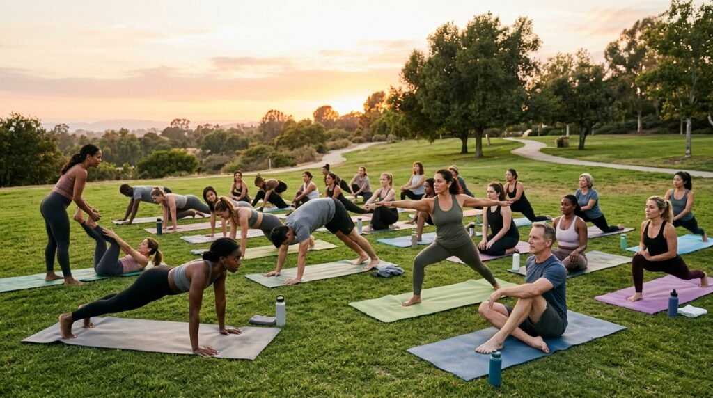 Gruppo durante lezione combinata per confrontare Plates o Yoga, persone in abbigliamento sportivo che praticano su tappetini all'aperto